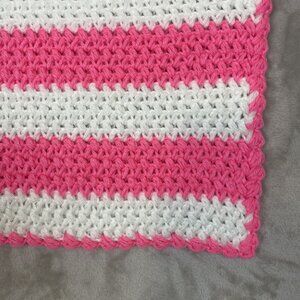 Pink & White Striped Crochet Blanket Handmade 27.5" X 34.5" Soft Acrylic Yarn